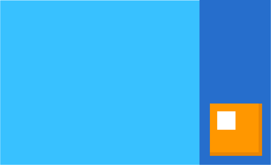 Blue background with a dark blue sidebar and small orange square in the bottom right corner