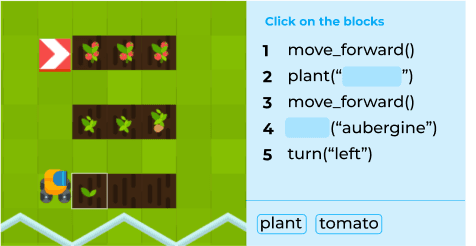 cartoon farming robot planting three rows of crops alongside the code that controls it